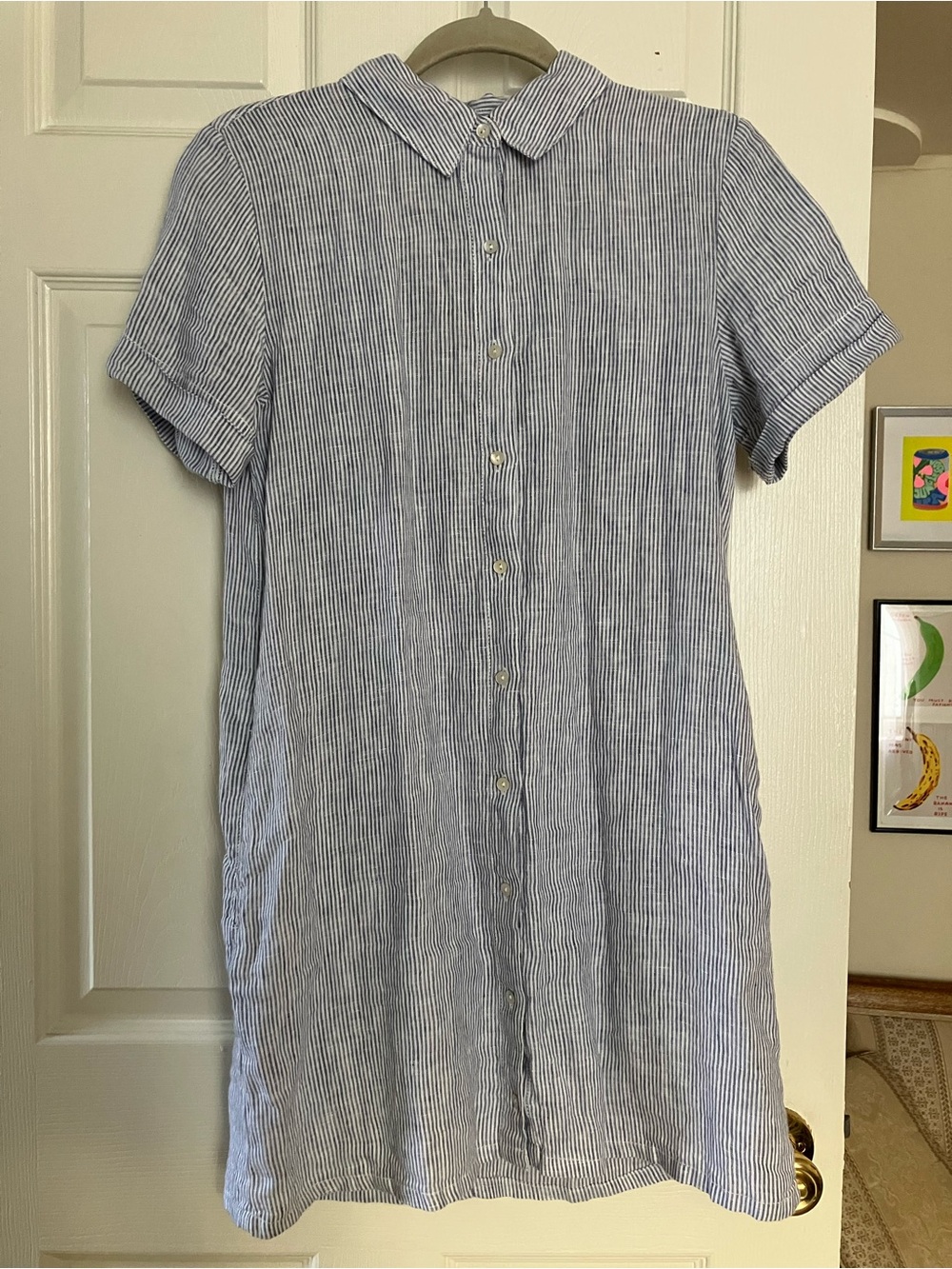 Tahari Blue and White Striped Linen Shirt Dress